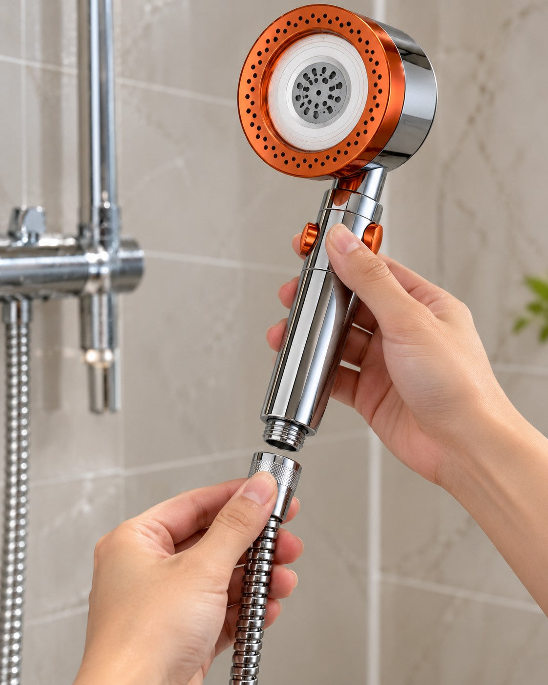 Pose du pommeau Douche Claire sur le flexible, à la main
