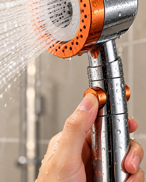 Pouce sur le bouton stop du pommeau Douche Claire